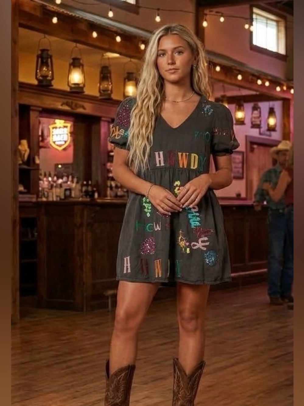 Blue b Collection Howdy Sequin Mini Dress Grey Western Puff Sleeve XL Cowgirl